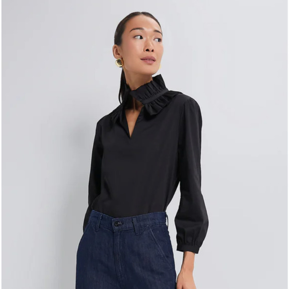 Tuckernuck Ruffle Neck Bouvier Blouse Large Black Preppy - Picture 1 of 12